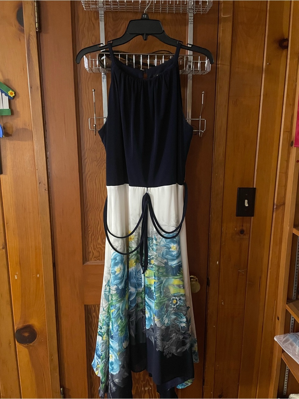 SLNY Navy, White and Blue Floral Asymmetrical Dress